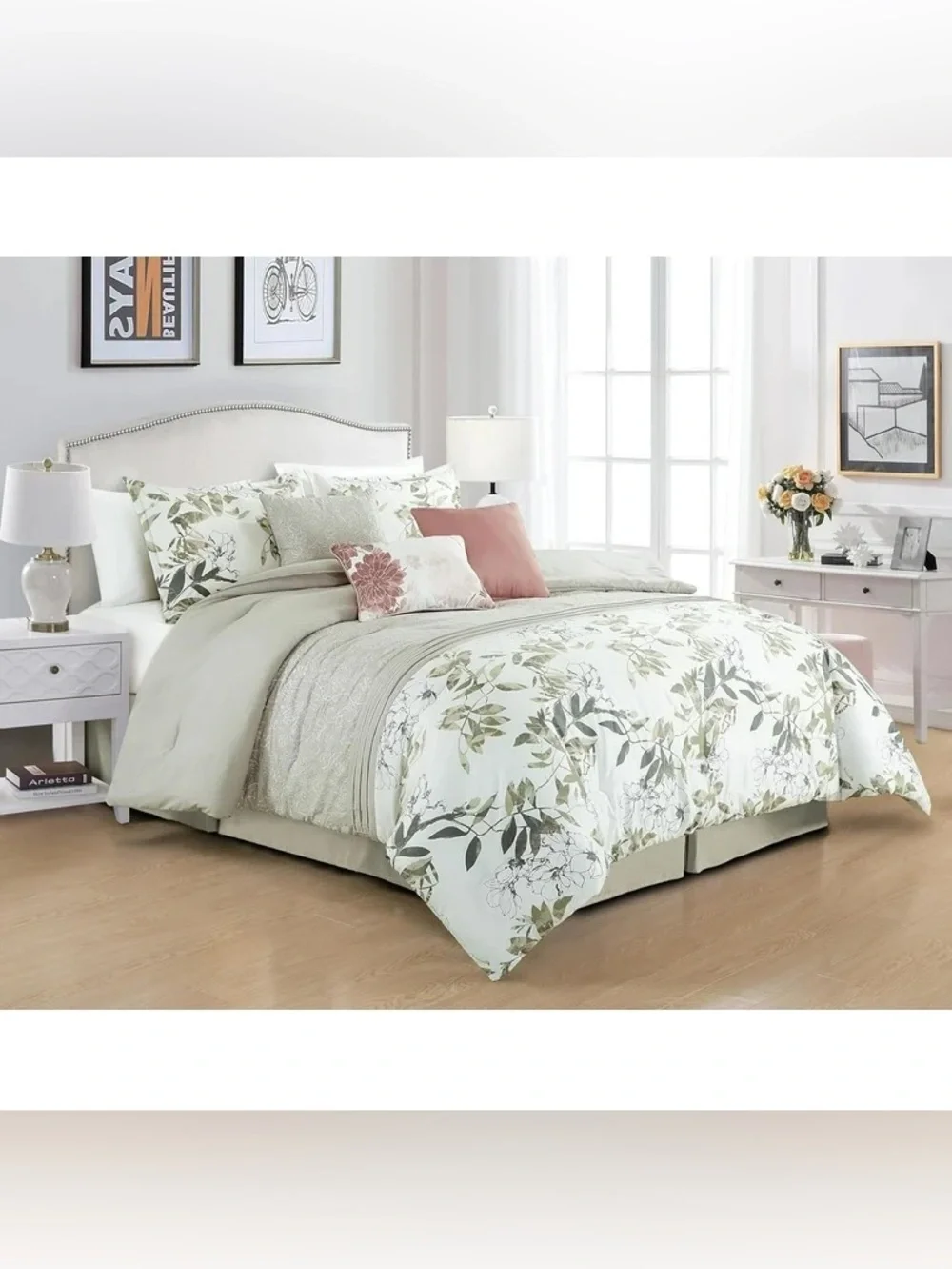 Floral Botanical Queen 3 piece Comforter Set in Sage and Blush